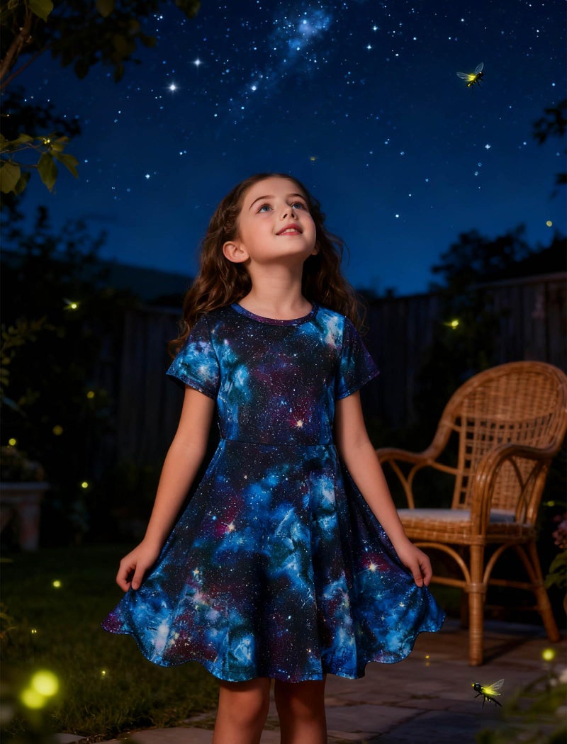 ALISISTER Space Dress Little Girls T Shirt Desses Short Sleeve Outfits Back to School Birthday Party Dance Twirl Kids Sundress Clothes Size 8-9 Years - Image 4